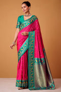 Deep Pink Banarasi Soft Satin Silk Saree