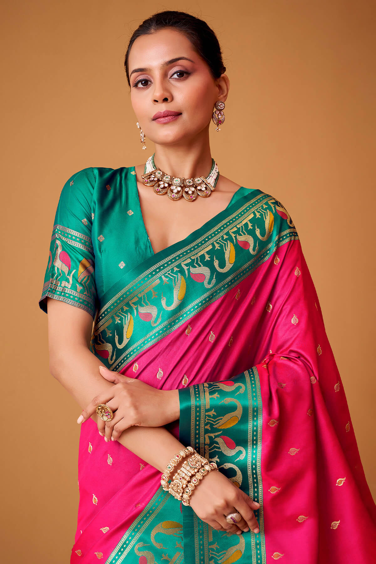Deep Pink Banarasi Soft Satin Silk Saree