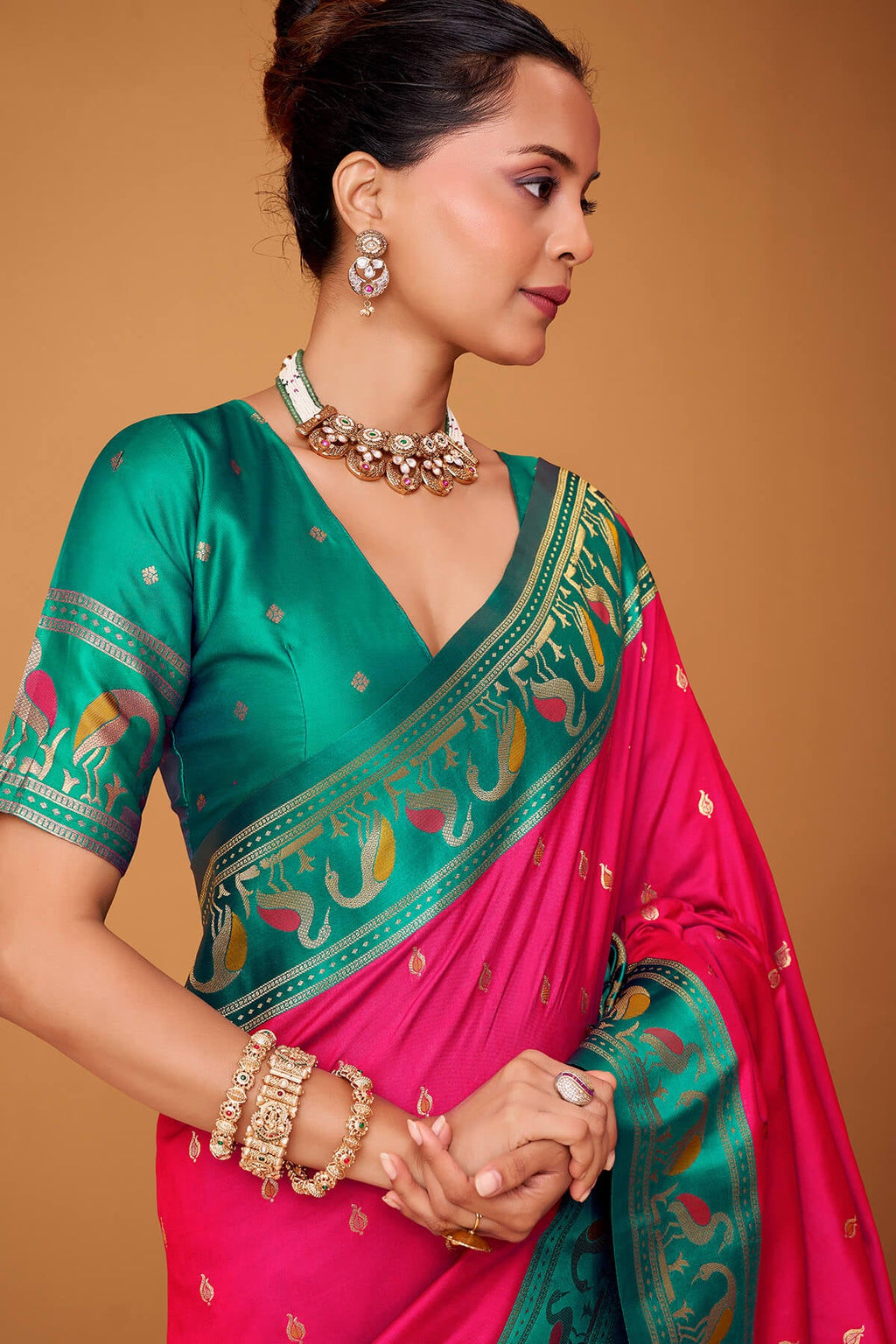 Deep Pink Banarasi Soft Satin Silk Saree