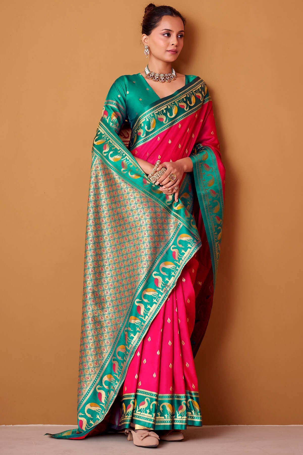 Deep Pink Banarasi Soft Satin Silk Saree