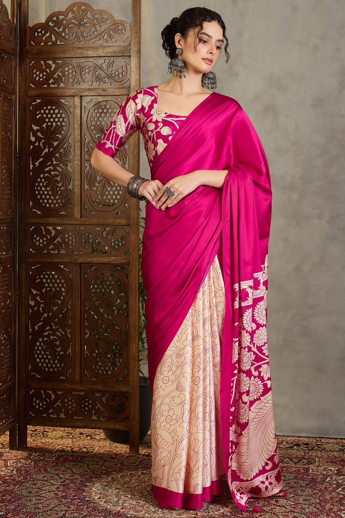 Deep Pink Printed Satin Silk Saree