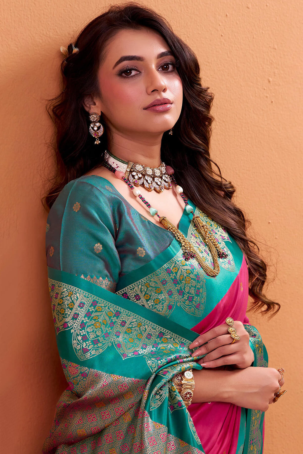 Deep Rose Pink Zari Woven Satin Silk Saree