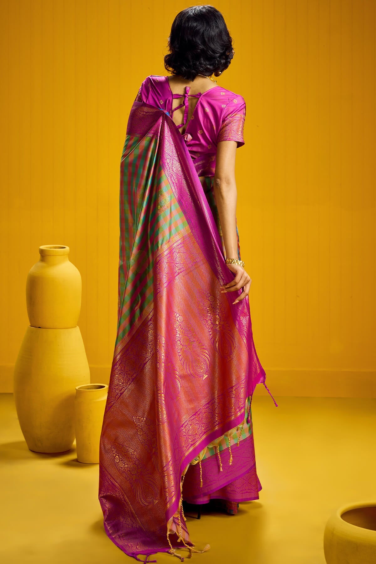 Drab Green Two tone Checks Banarasi Silk Saree