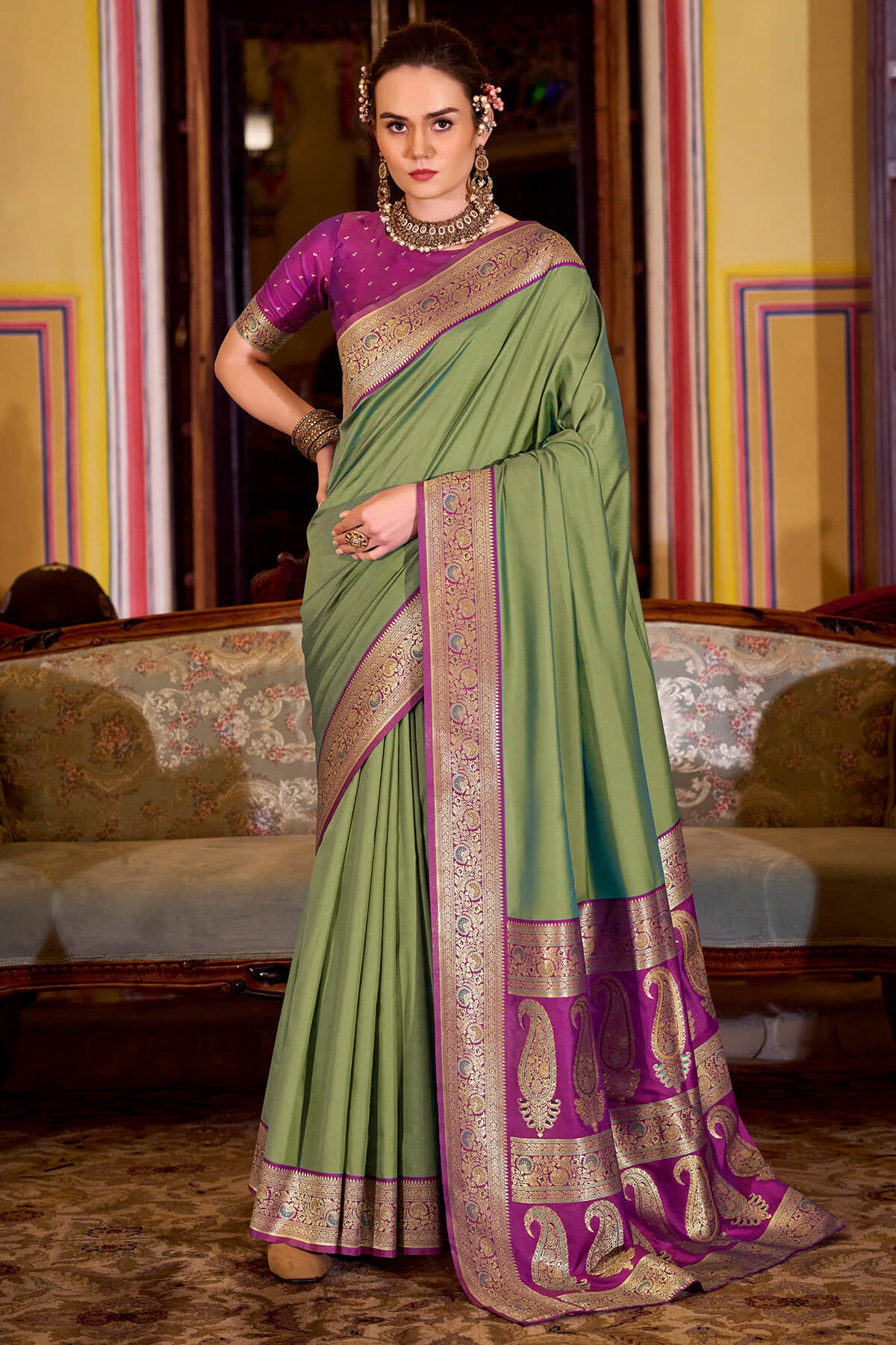 Drab Green Zari Woven Soft Banarasi Silk Saree