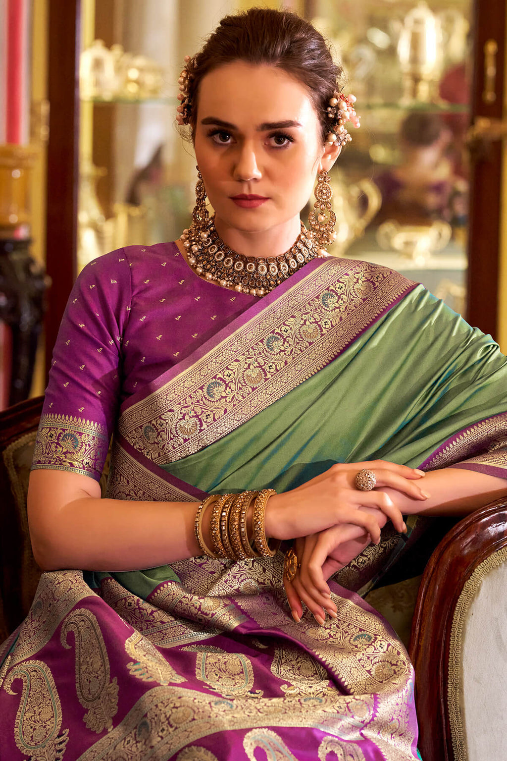 Drab Green Zari Woven Soft Banarasi Silk Saree