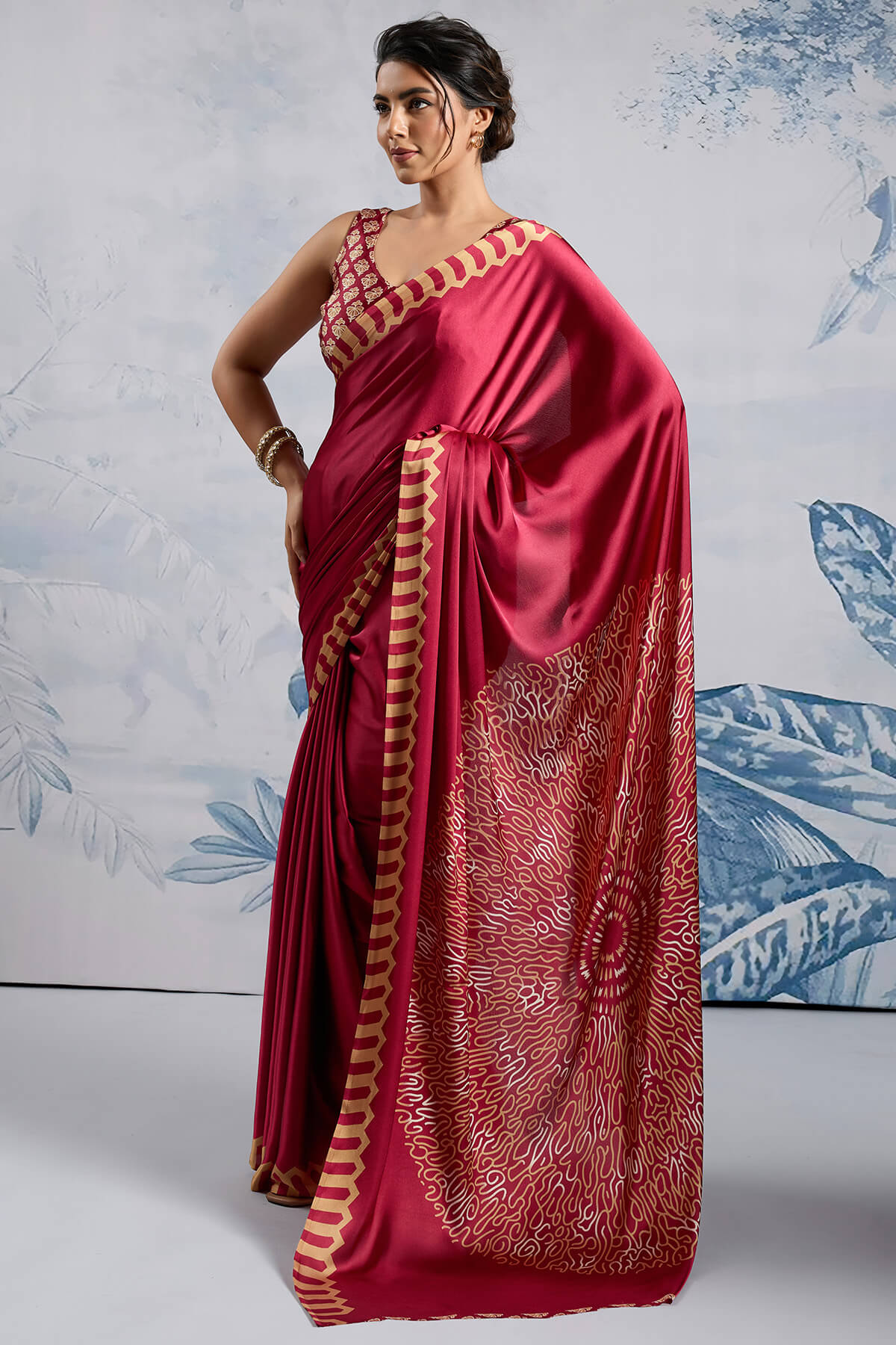 Dull Red Ajrakh Printed Satin Crepe Silk Saree