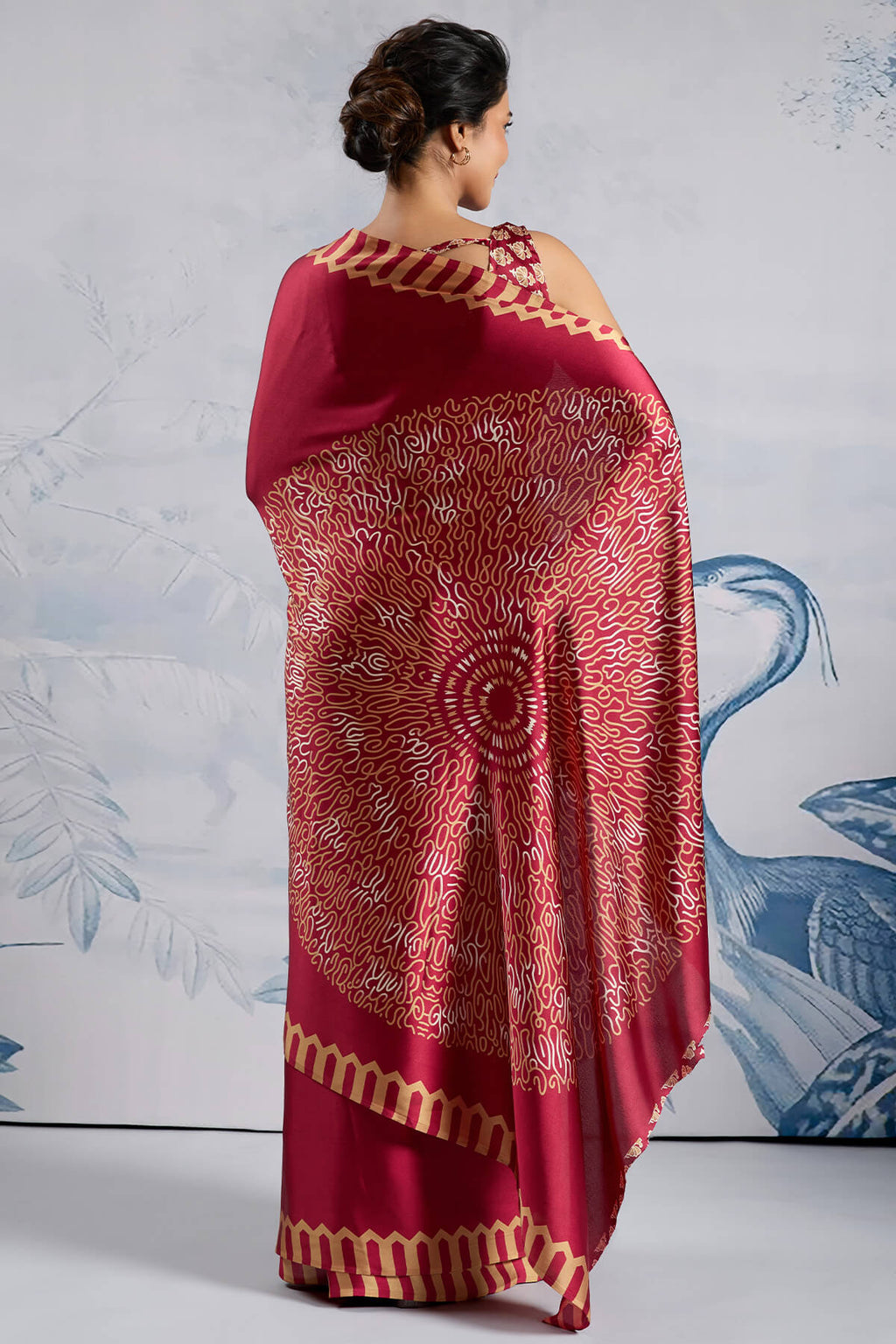 Dull Red Ajrakh Printed Satin Crepe Silk Saree