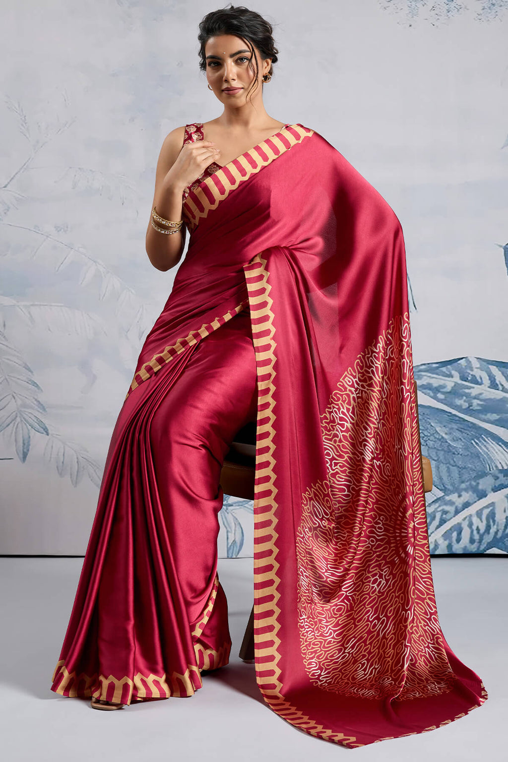 Dull Red Ajrakh Printed Satin Crepe Silk Saree