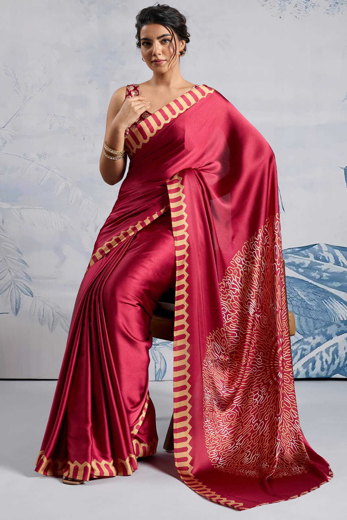 Dull Red Ajrakh Printed Satin Crepe Silk Saree