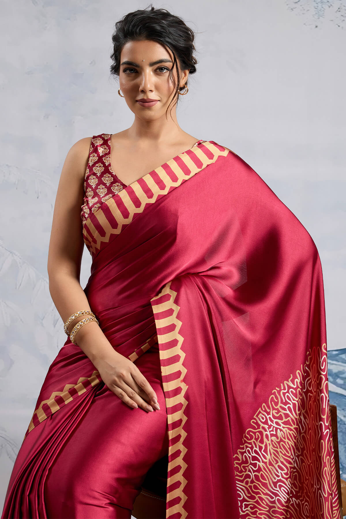 Dull Red Ajrakh Printed Satin Crepe Silk Saree
