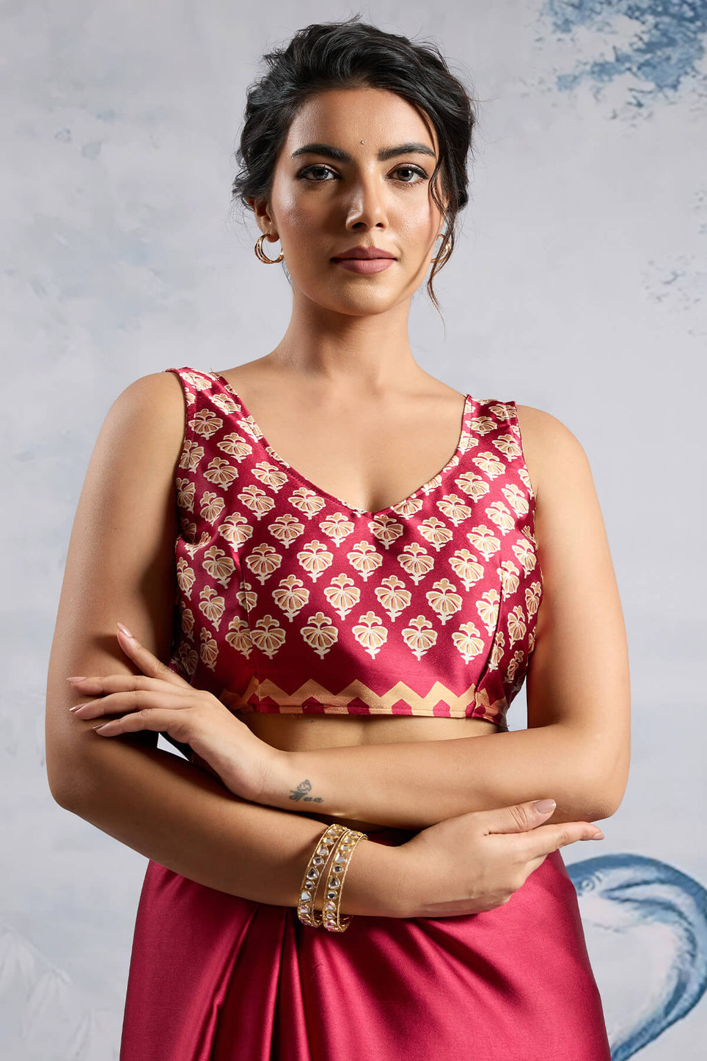 Dull Red Ajrakh Printed Satin Crepe Silk Saree