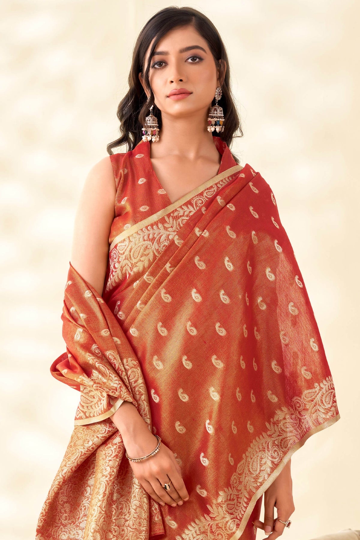 Dull Red Tissue Linen Silk Saree