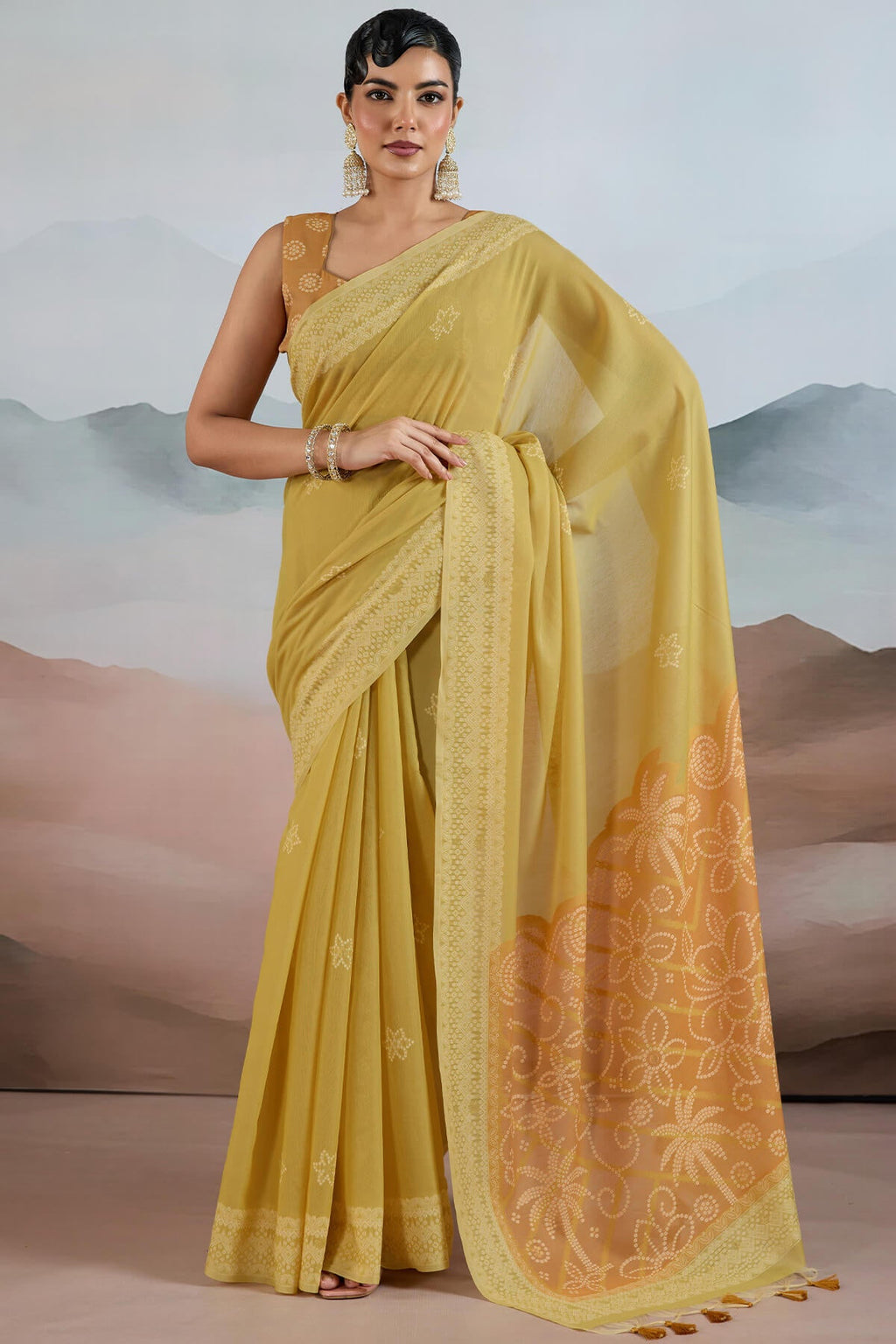 Dull Yellow Pure Cotton Viscose Silk Saree