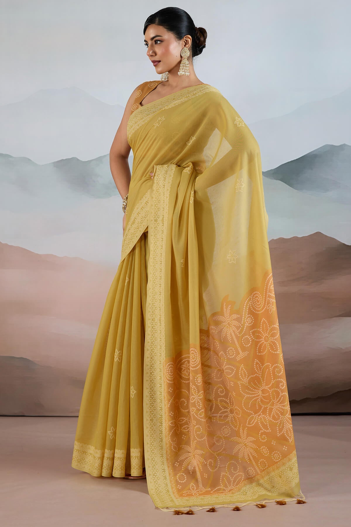 Dull Yellow Pure Cotton Viscose Silk Saree