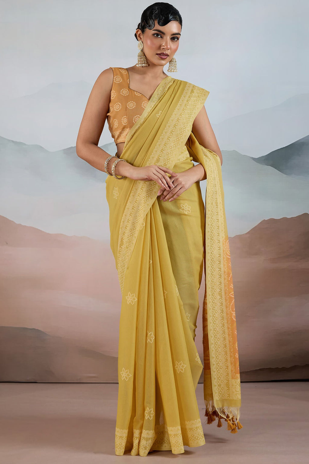 Dull Yellow Pure Cotton Viscose Silk Saree