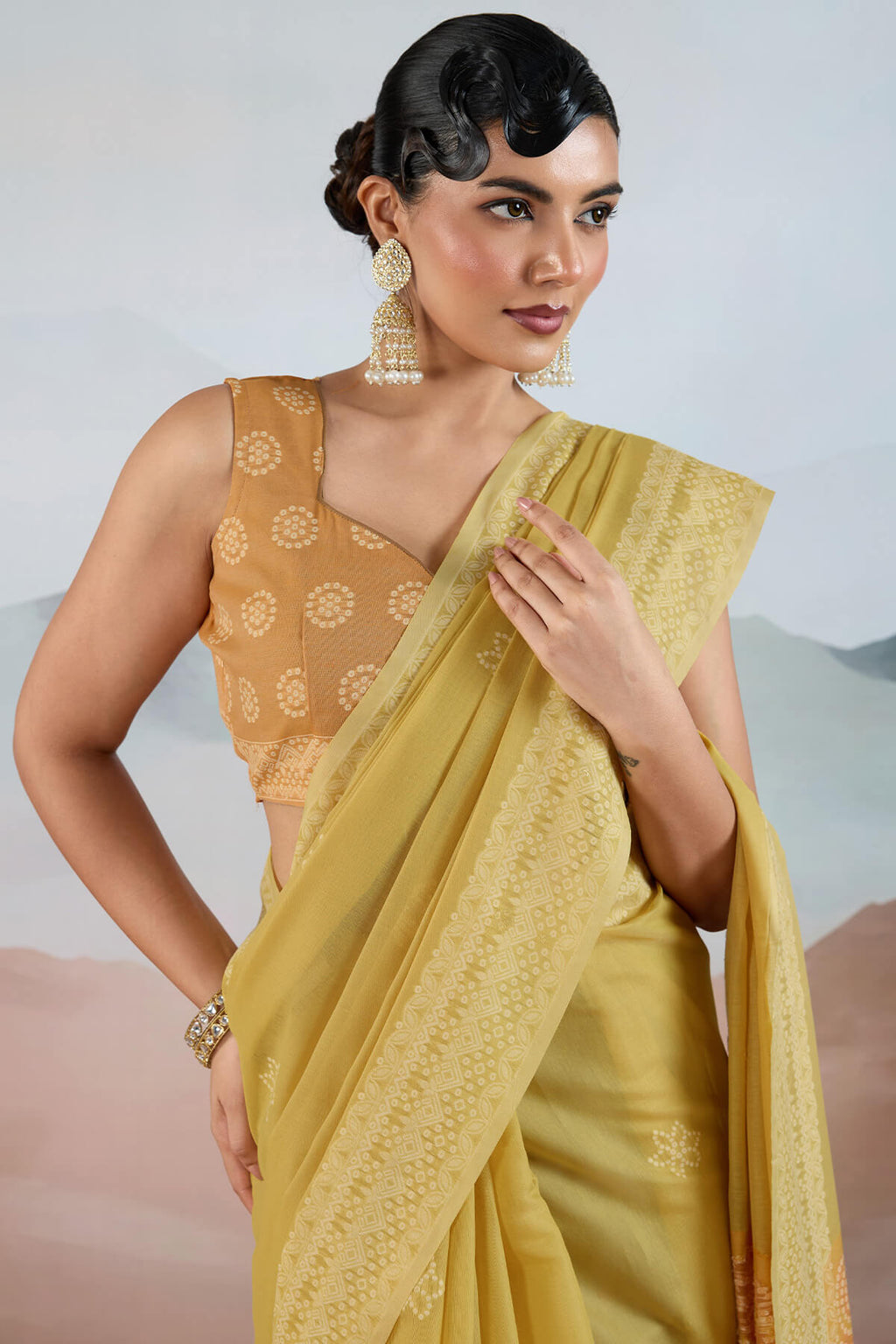 Dull Yellow Pure Cotton Viscose Silk Saree