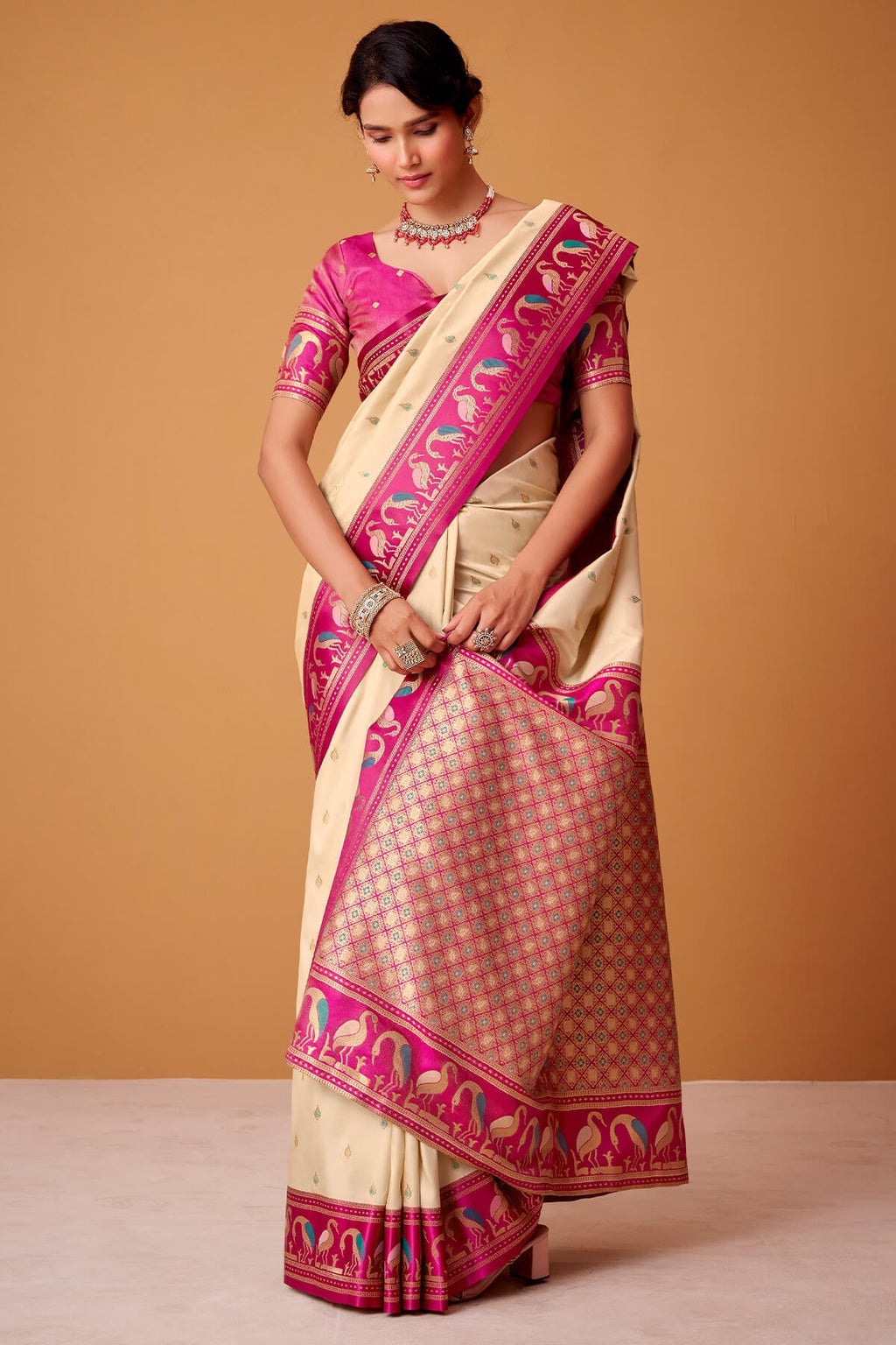 Dune Beige Banarasi Soft Satin Silk Saree