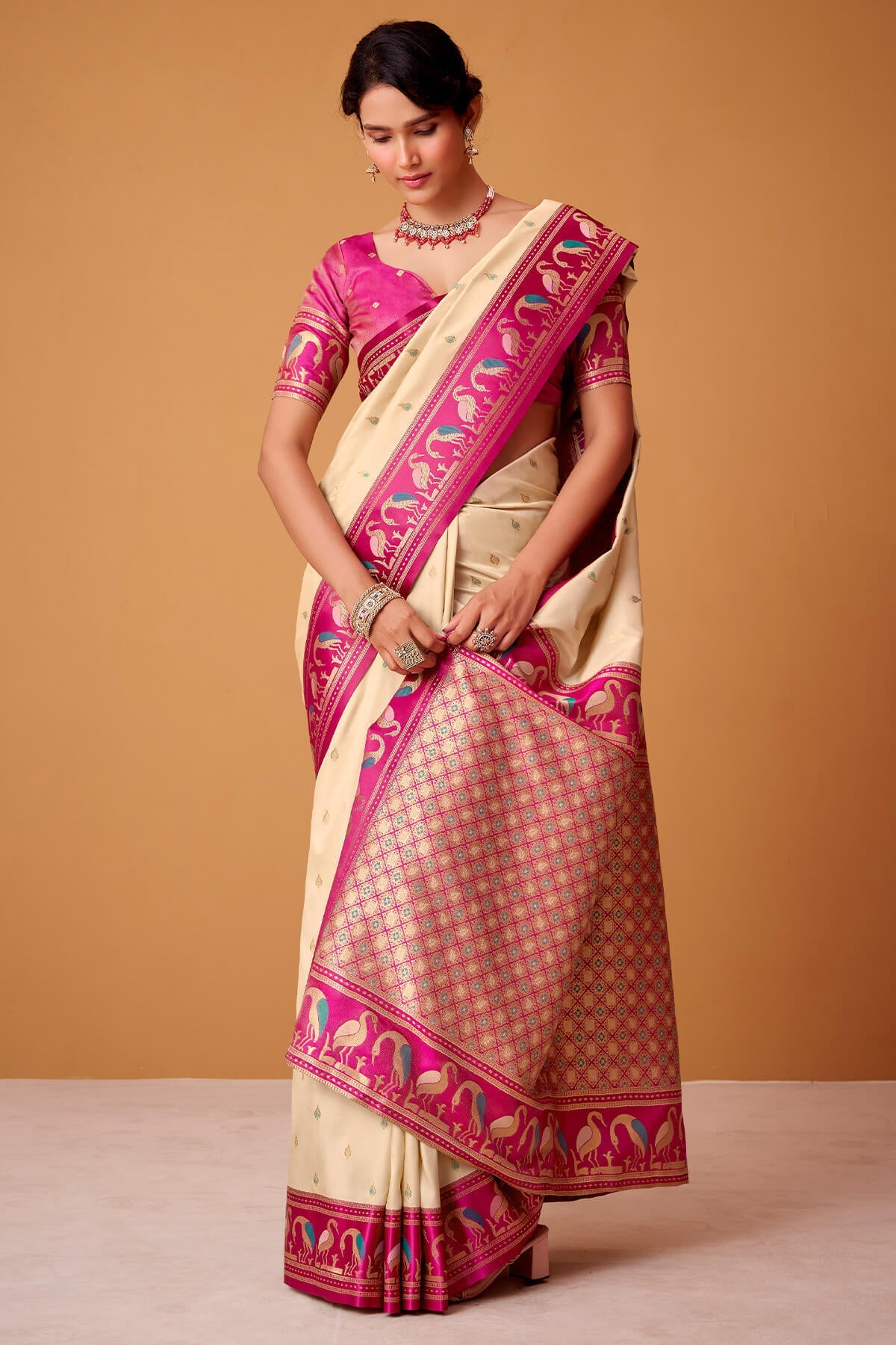 Dune Beige Banarasi Soft Satin Silk Saree