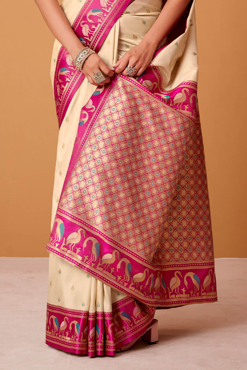 Dune Beige Banarasi Soft Satin Silk Saree