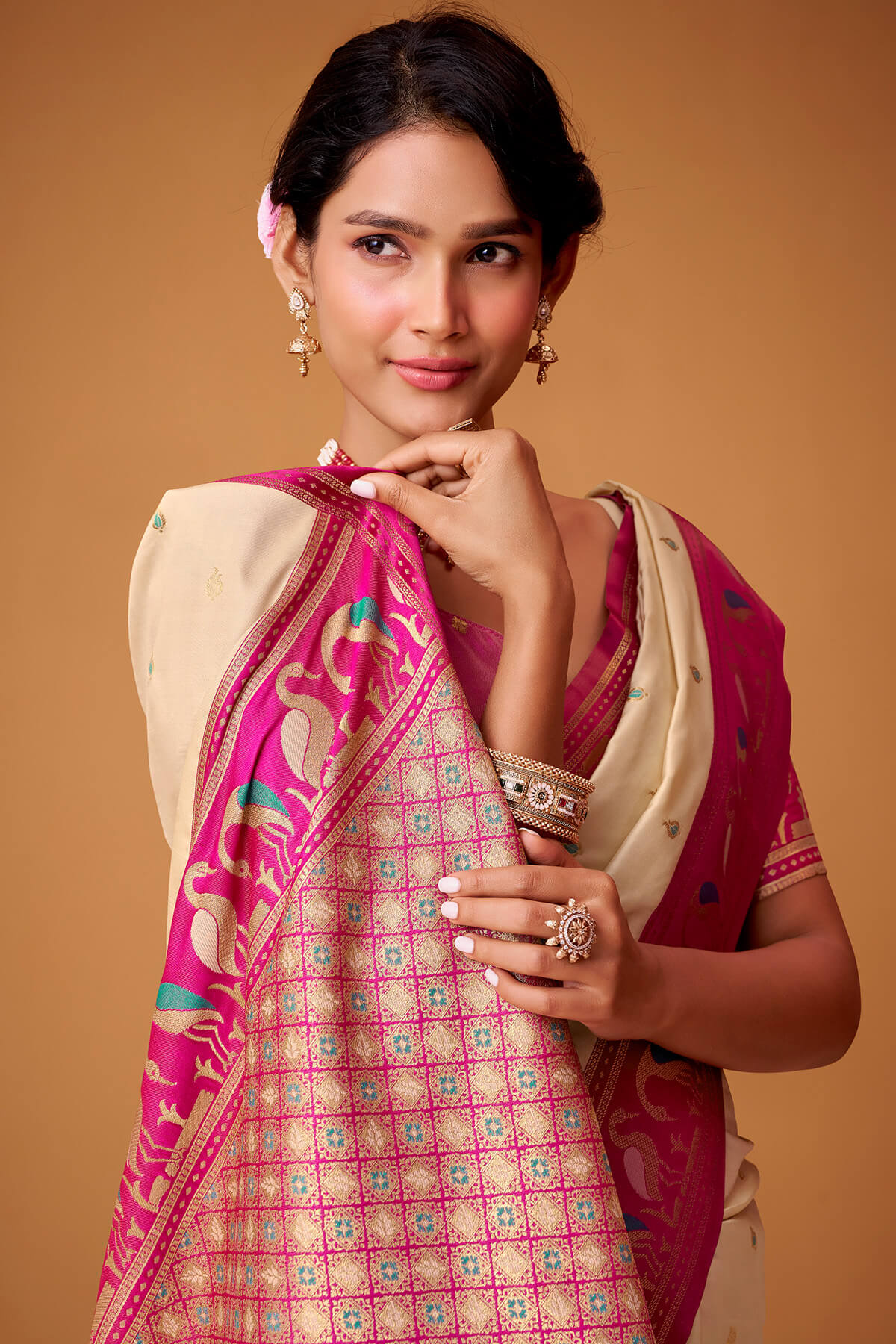 Dune Beige Banarasi Soft Satin Silk Saree