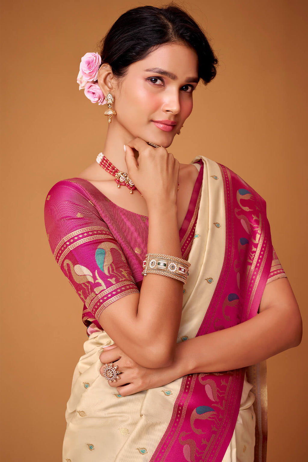Dune Beige Banarasi Soft Satin Silk Saree