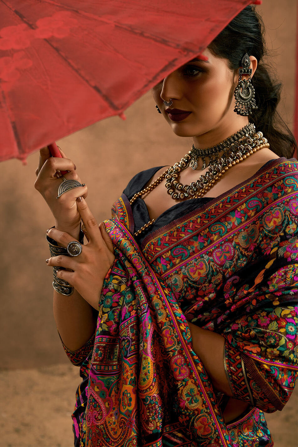 Dusky Black Kashmiri Modal Pashmina Silk Saree