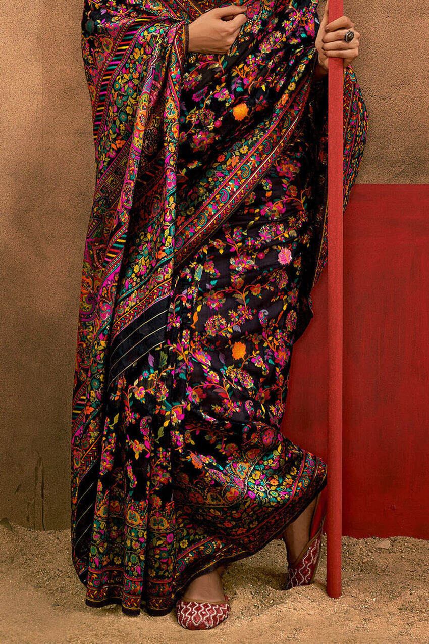Dusky Black Kashmiri Modal Pashmina Silk Saree