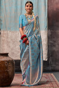 Dusty Blue Kanjivaram Handloom Silk Saree