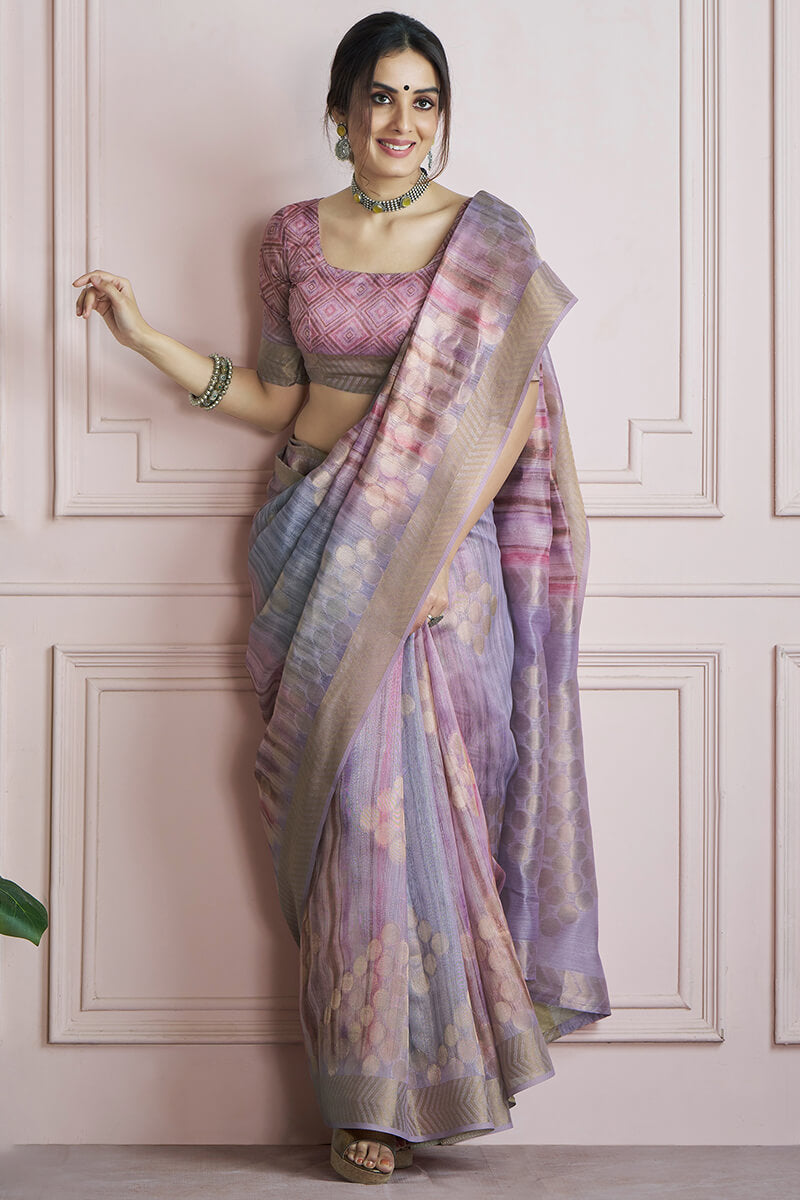 Dusty Lavender Digital Printed Khadi Silk Saree