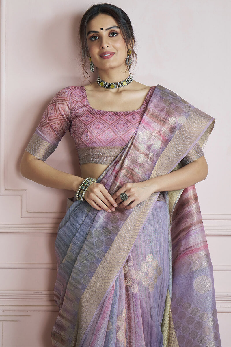 Dusty Lavender Digital Printed Khadi Silk Saree