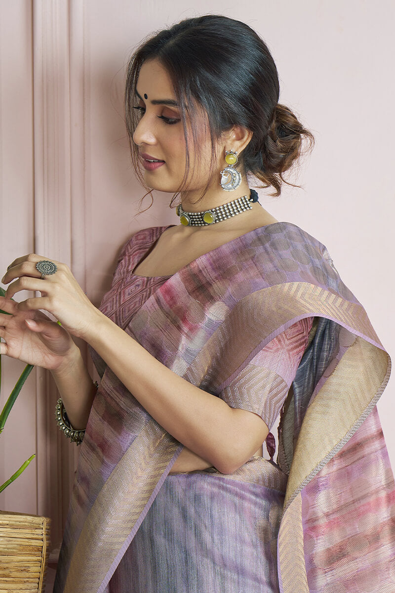 Dusty Lavender Digital Printed Khadi Silk Saree