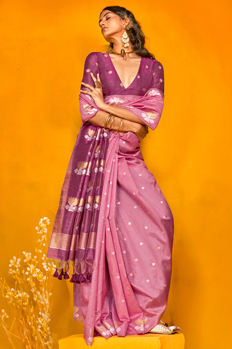 Dusty Rose Pink Handloom Tussar Silk Saree