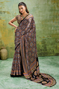 Ebony Black Ajrakh Printed Semi Modal Satin Silk Saree