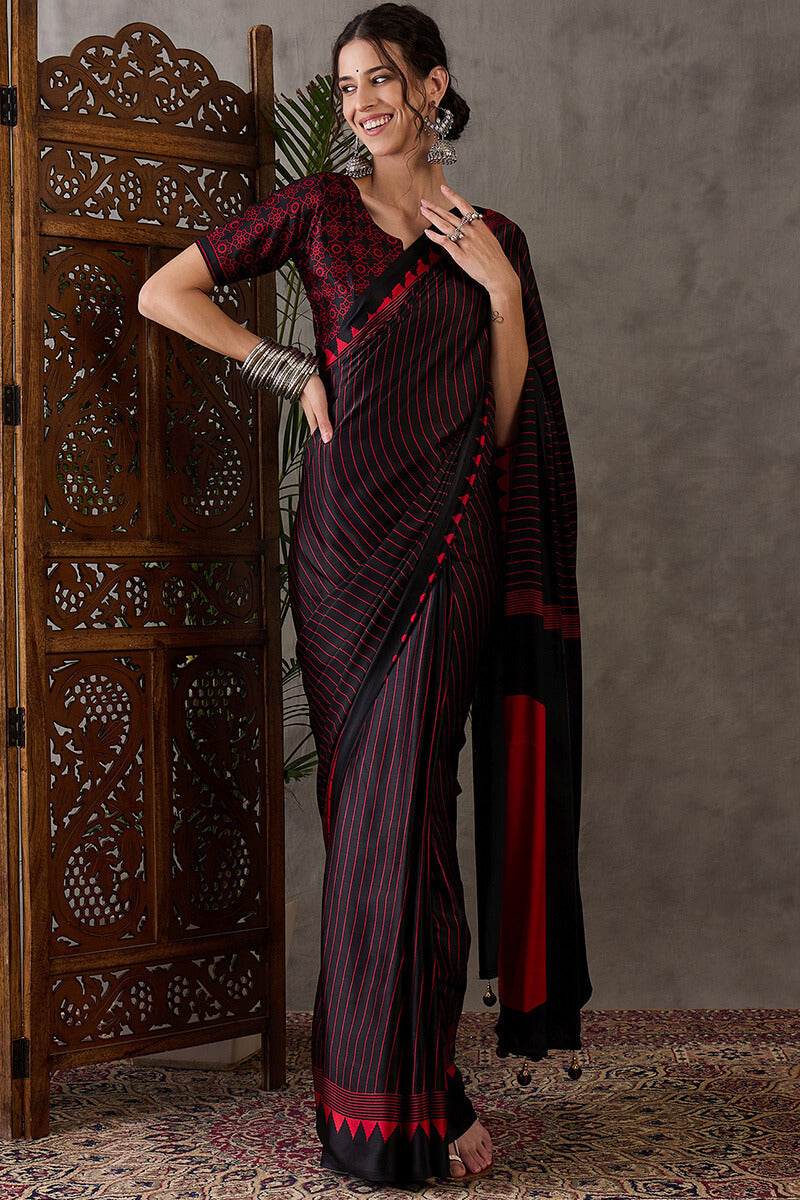 Eclipse Black Ajrakh Printed Satin Silk Saree