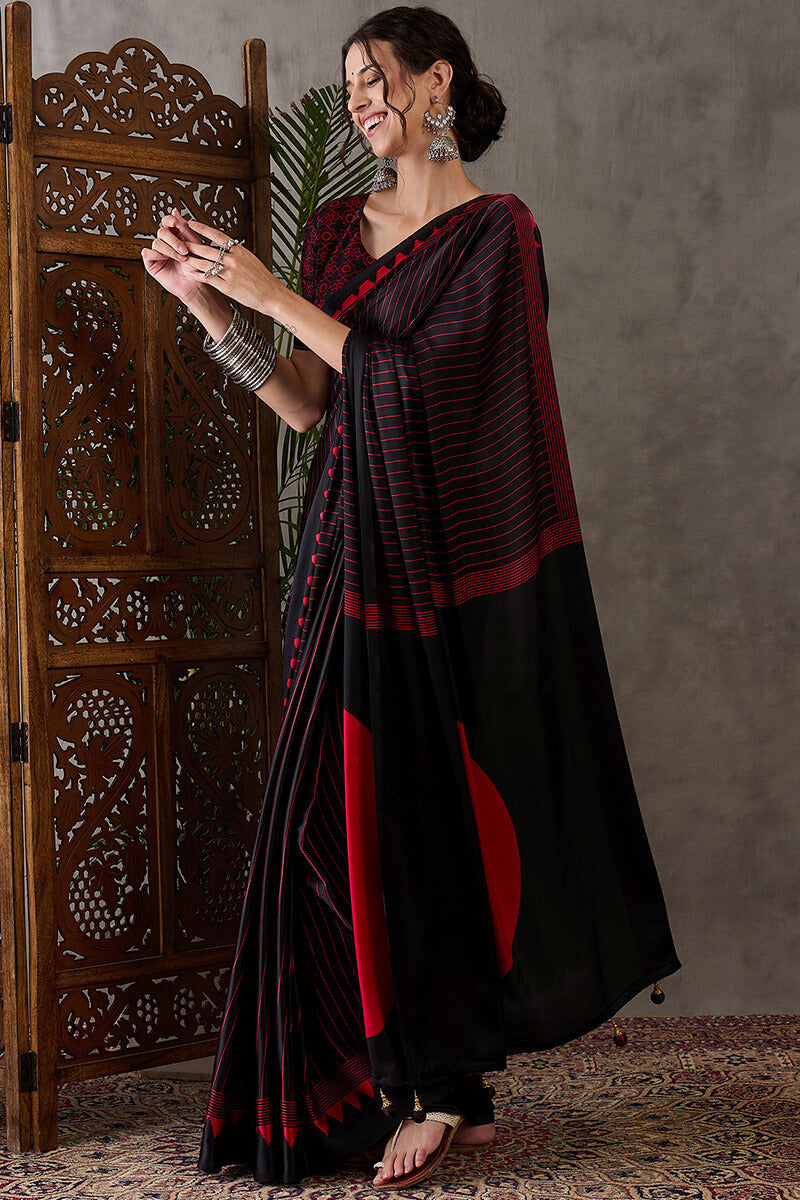 Eclipse Black Ajrakh Printed Satin Silk Saree