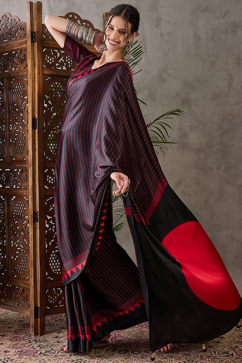 Eclipse Black Ajrakh Printed Satin Silk Saree