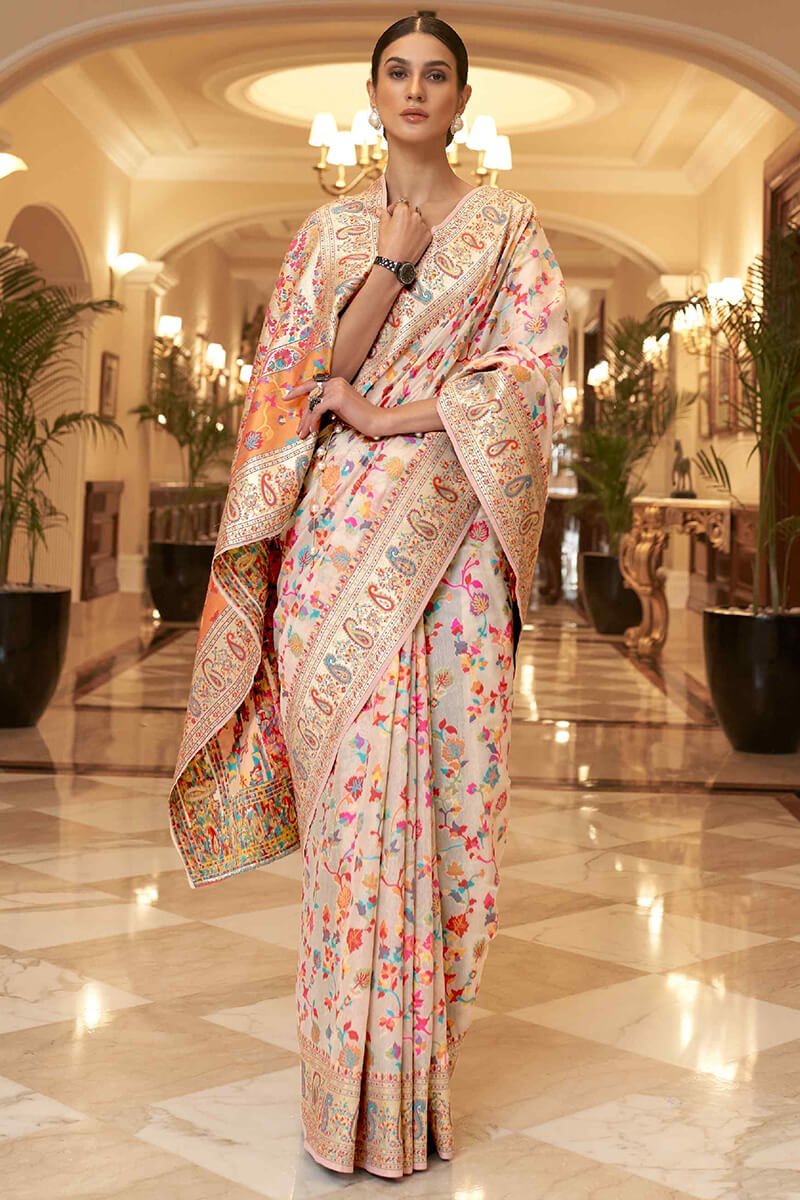Ecru White Pashmina Silk Saree