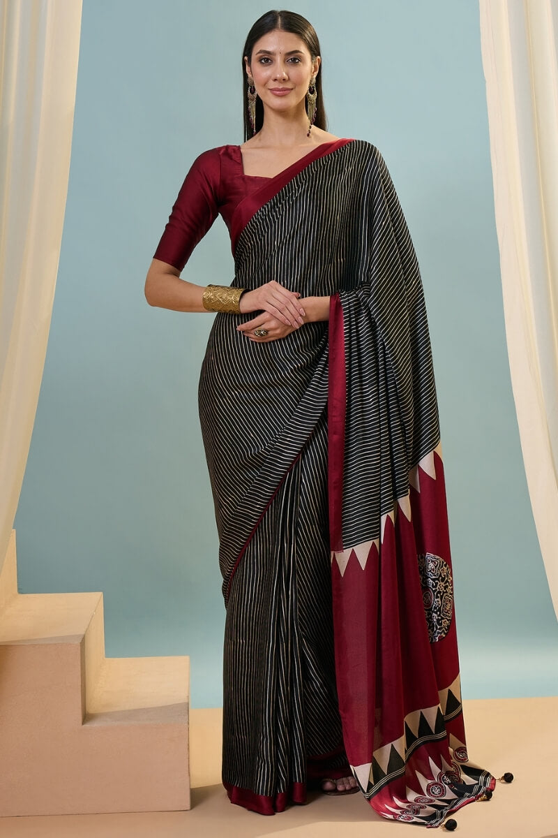 Eerie Black Ajrakh Printed Satin Silk Saree