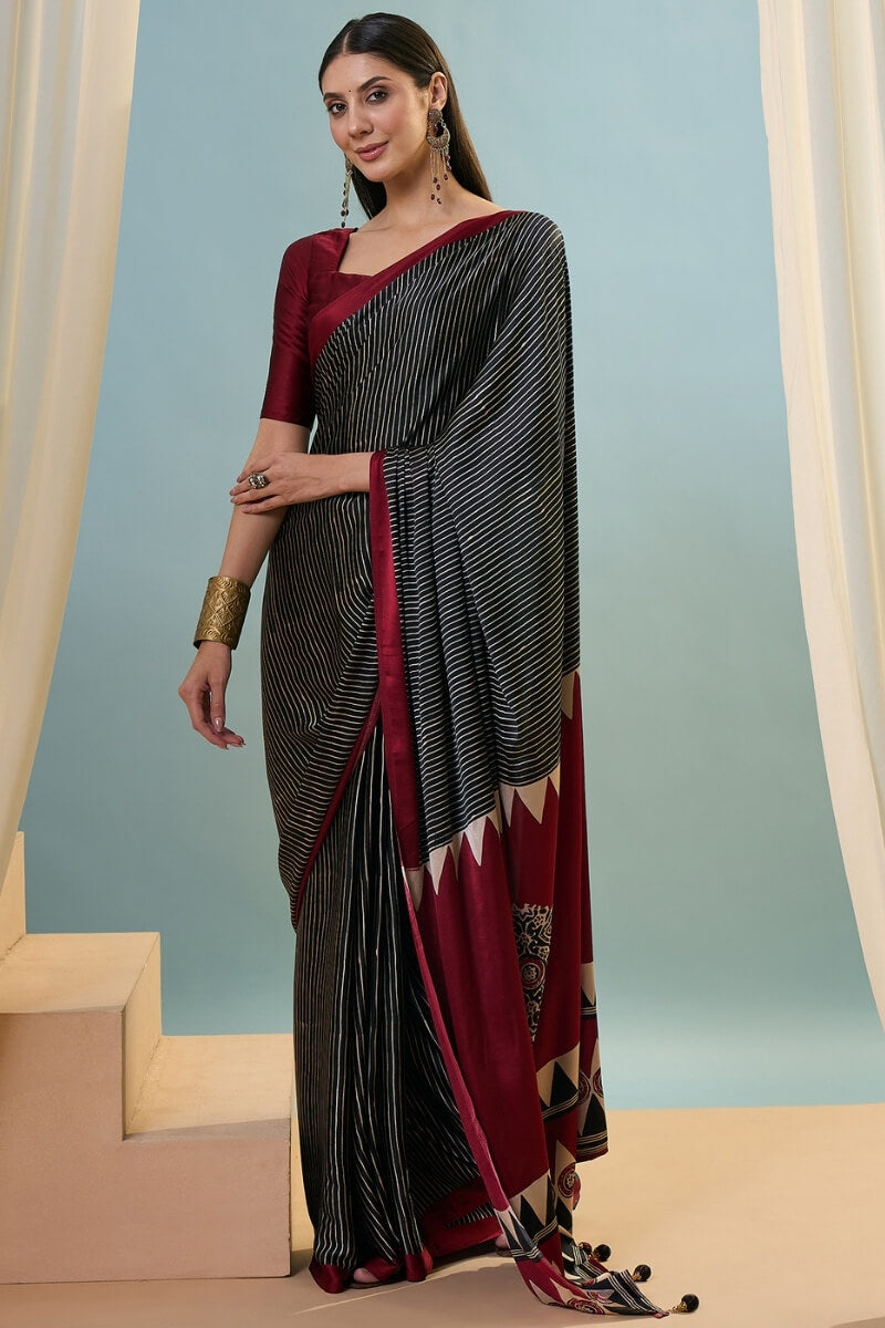 Eerie Black Ajrakh Printed Satin Silk Saree