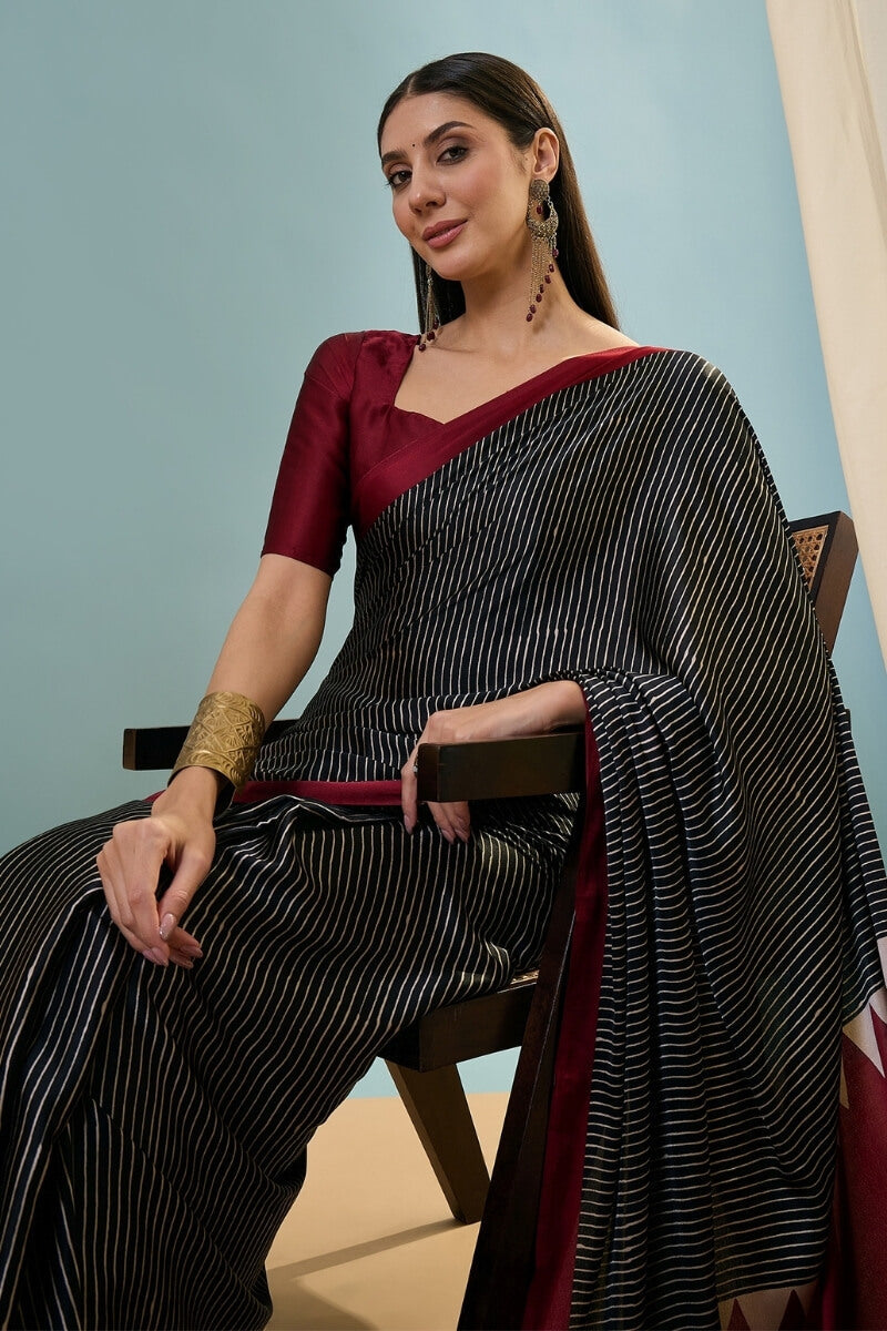 Eerie Black Ajrakh Printed Satin Silk Saree
