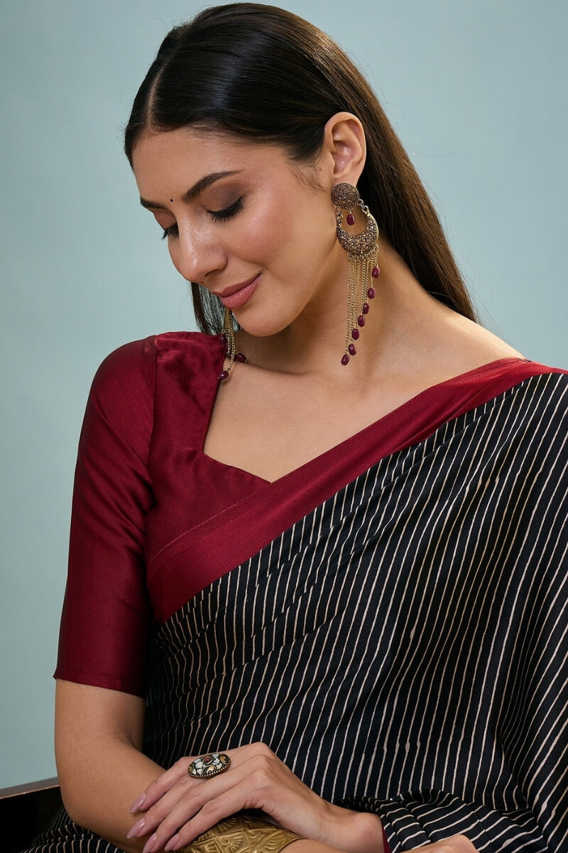 Eerie Black Ajrakh Printed Satin Silk Saree