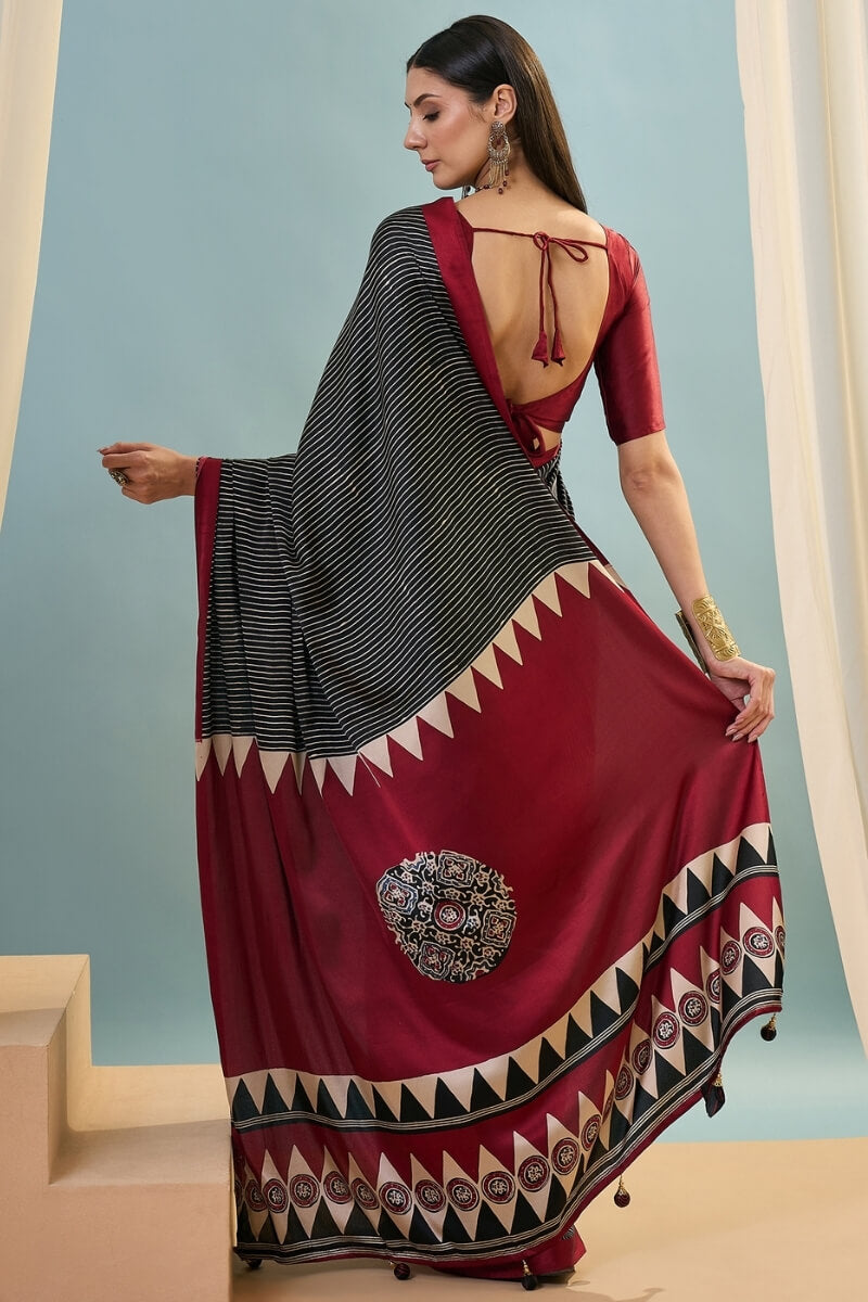 Eerie Black Ajrakh Printed Satin Silk Saree