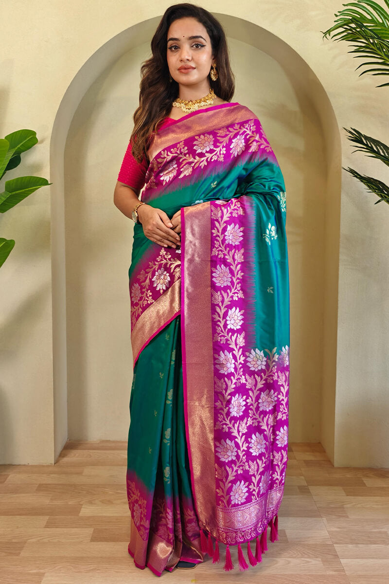 Elf Green Banarasi Silk Saree with Designer Chaap Border