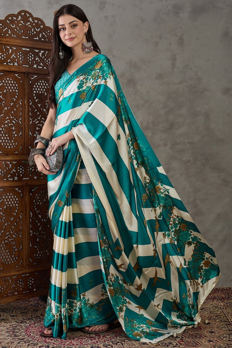 Elf Green Stripe Printed Satin Silk Saree