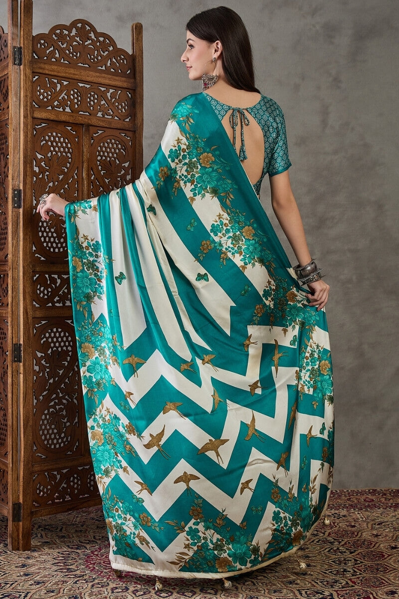 Elf Green Stripe Printed Satin Silk Saree