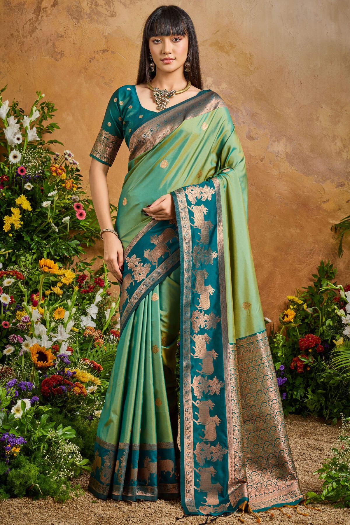 Faded Green Banarasi Pichwai Silk Saree