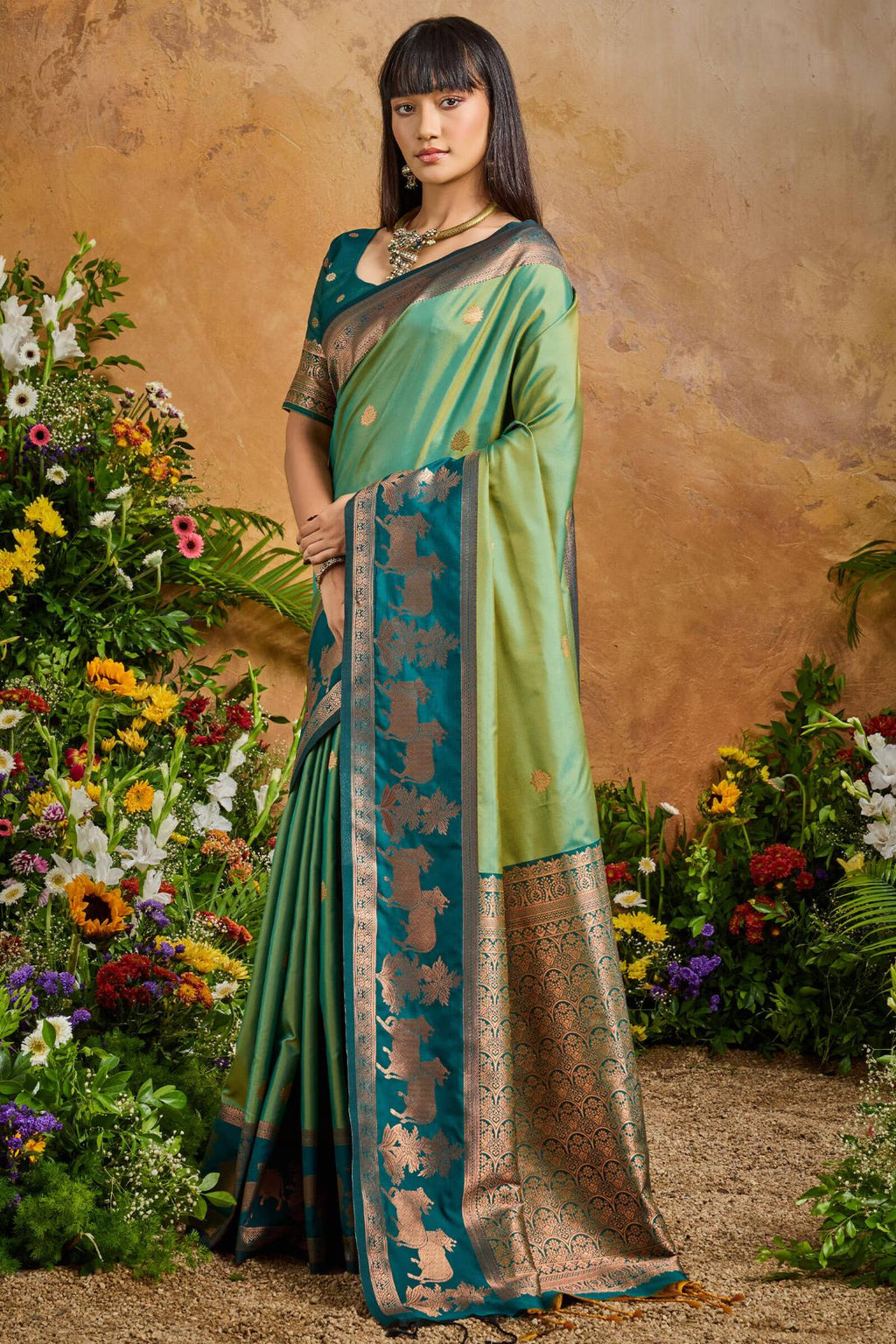 Faded Green Banarasi Pichwai Silk Saree