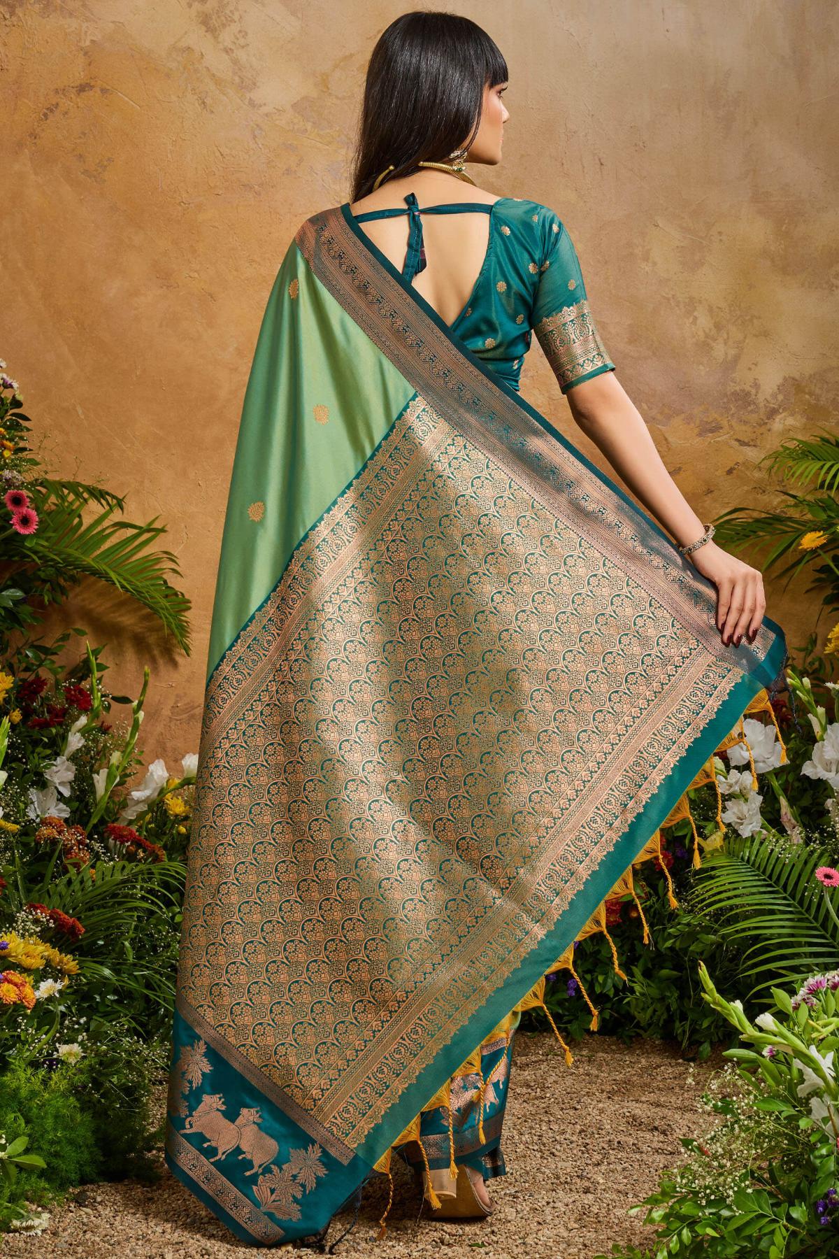 Faded Green Banarasi Pichwai Silk Saree