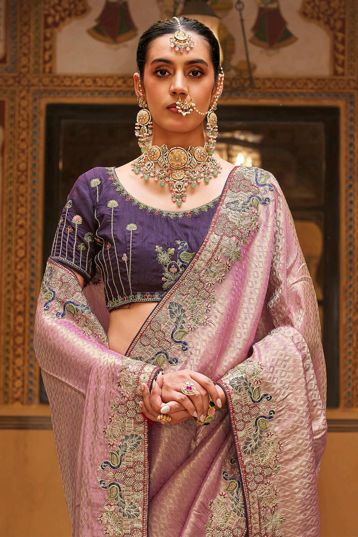 Faded Pink Embroidery Work Tissue Silk Saree