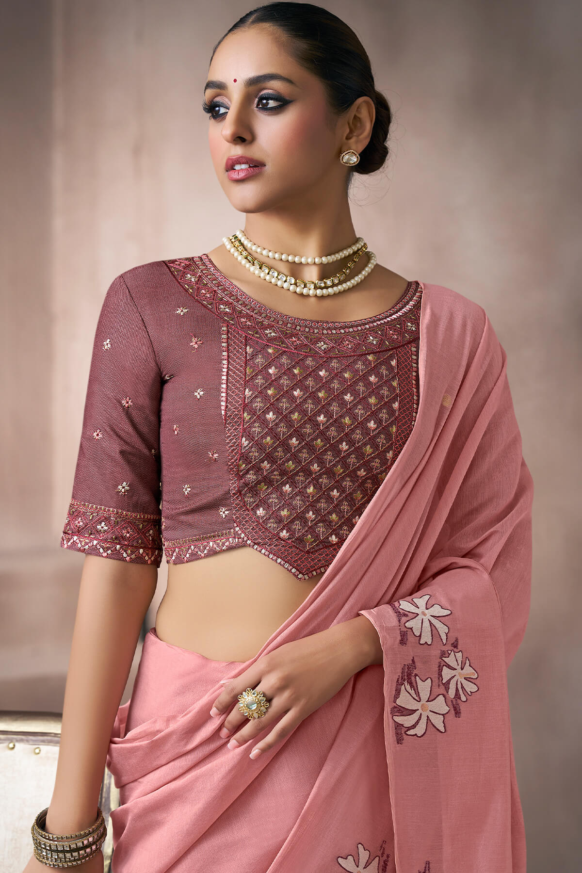 Faded Pink Viscose Cotton Silk Saree with Embroidery Blouse